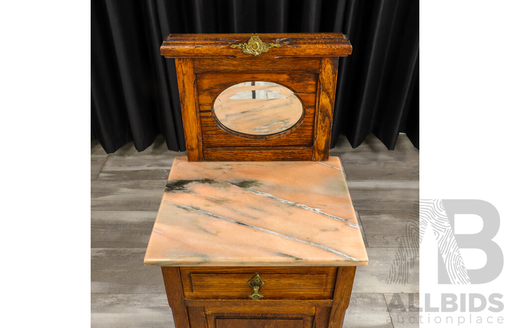 Late Edwardian Oak Mirrored Back Bedside with Marble Top