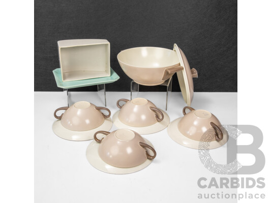 Glazed Porcelain Lidded Soup Tureen, Four Soup Bowls on Saucers and a Cheese Dish by Poole