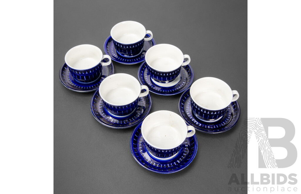 Set of Six Blue and White Cups and Saucers by Ulla Procope for Arabia, Finland
