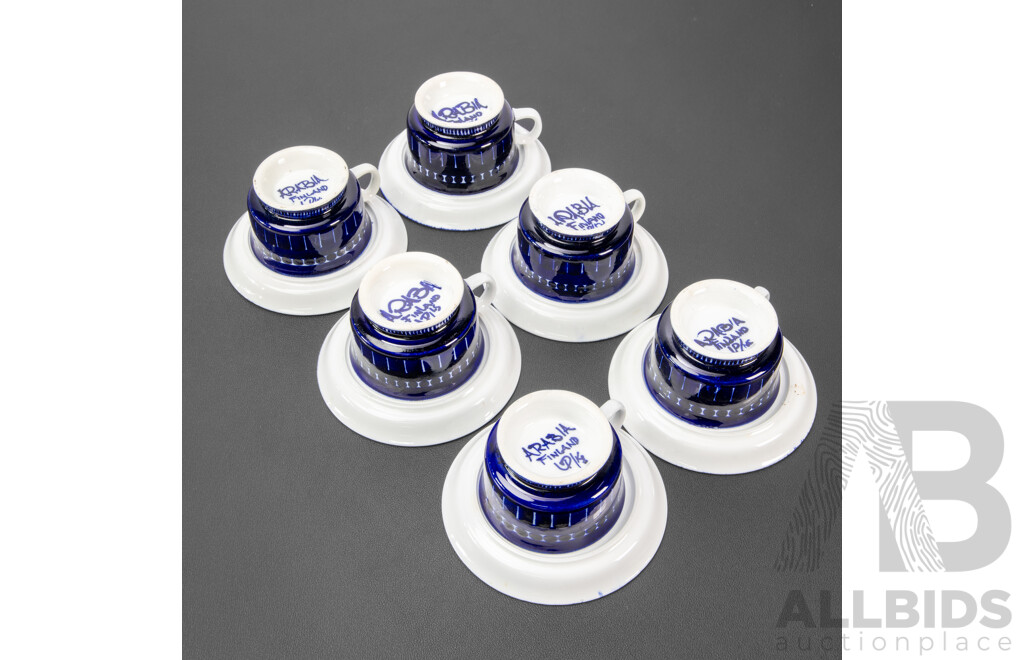 Set of Six Blue and White Cups and Saucers by Ulla Procope for Arabia, Finland