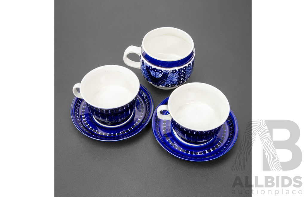 Pair of Large Blue and White Cups and Saucers by Ulla Procope for Arabia, Finland and Another Singled Hanled Jug