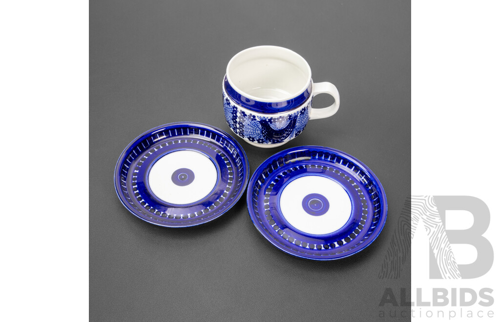 Pair of Large Blue and White Cups and Saucers by Ulla Procope for Arabia, Finland and Another Singled Hanled Jug