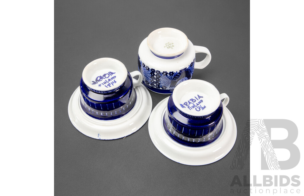 Pair of Large Blue and White Cups and Saucers by Ulla Procope for Arabia, Finland and Another Singled Hanled Jug