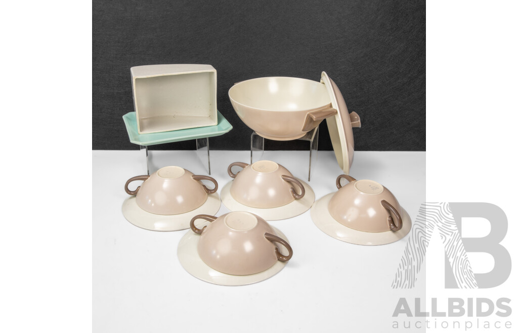 Glazed Porcelain Lidded Soup Tureen, Four Soup Bowls on Saucers and a Cheese Dish by Poole