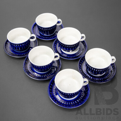 Set of Six Blue and White Cups and Saucers by Ulla Procope for Arabia, Finland