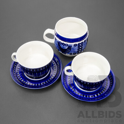 Pair of Large Blue and White Cups and Saucers by Ulla Procope for Arabia, Finland and Another Singled Hanled Jug