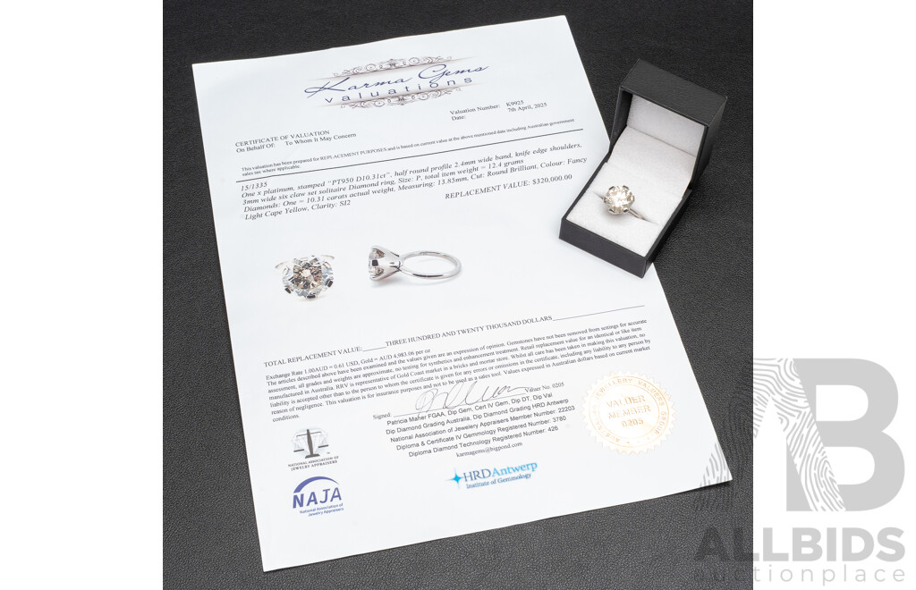 10.31ct Fancy Diamond 950 Platinum Solitaire Ring with Valuation - Size P