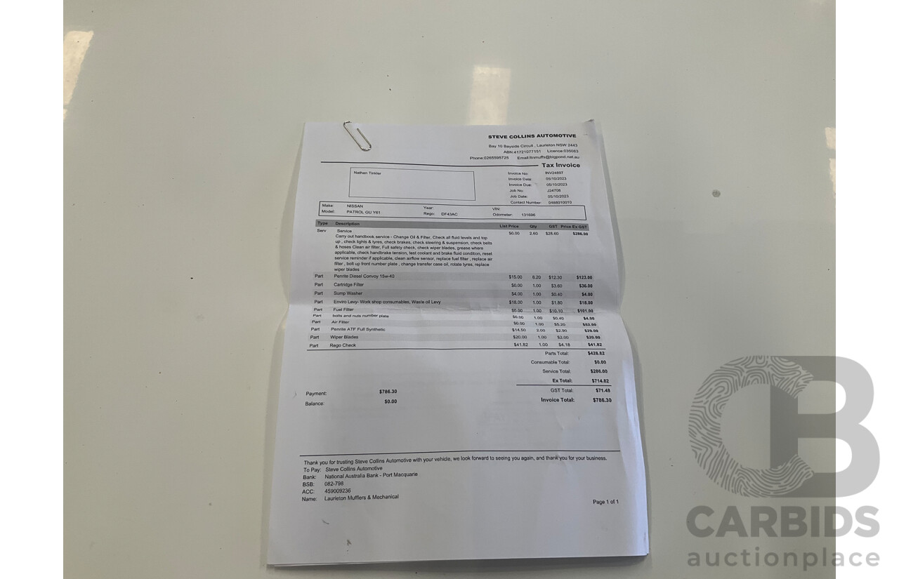 07/2015 Nissan Patrol DX (4x4) 4x4 MY14 Leaf C/Chas White Turbo Diesel 3.0L