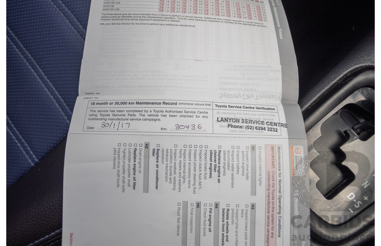 7/2015 Toyota Hilux Workmate (4x4) GUN125R Dual Cab Utility Nebula Blue Turbo Diesel 2.4L