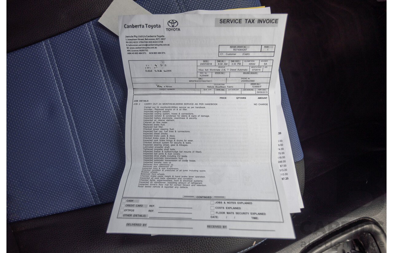 7/2015 Toyota Hilux Workmate (4x4) GUN125R Dual Cab Utility Nebula Blue Turbo Diesel 2.4L