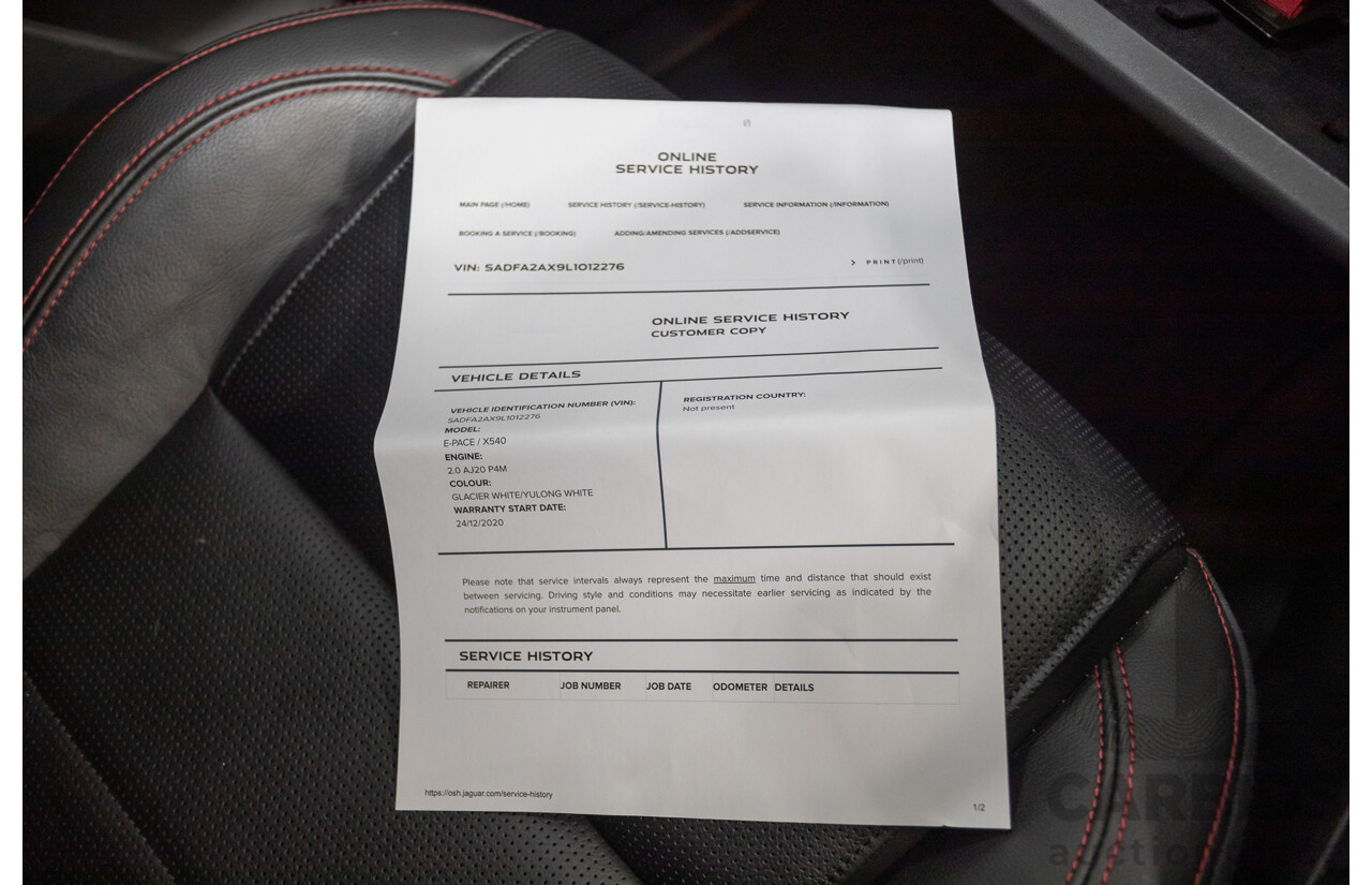 12/2020 Jaguar E-Pace P250 Chequered Flag (AWD) X540 MY20 4D Wagon Nak Yulong White Metallic Turbo 2.0L