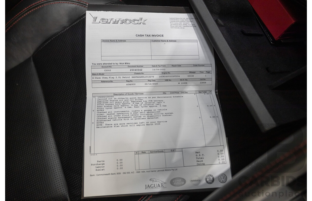 12/2020 Jaguar E-Pace P250 Chequered Flag (AWD) X540 MY20 4D Wagon Nak Yulong White Metallic Turbo 2.0L