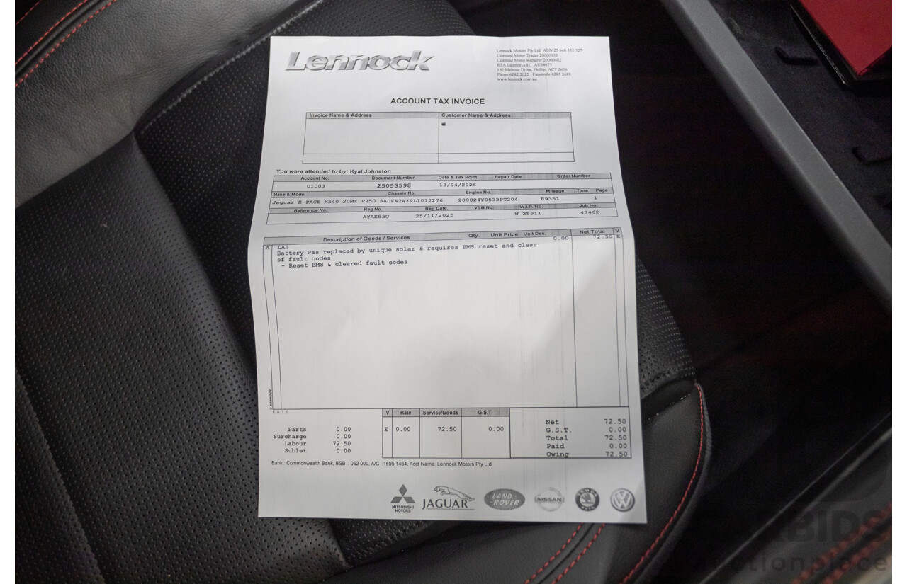 12/2020 Jaguar E-Pace P250 Chequered Flag (AWD) X540 MY20 4D Wagon Nak Yulong White Metallic Turbo 2.0L