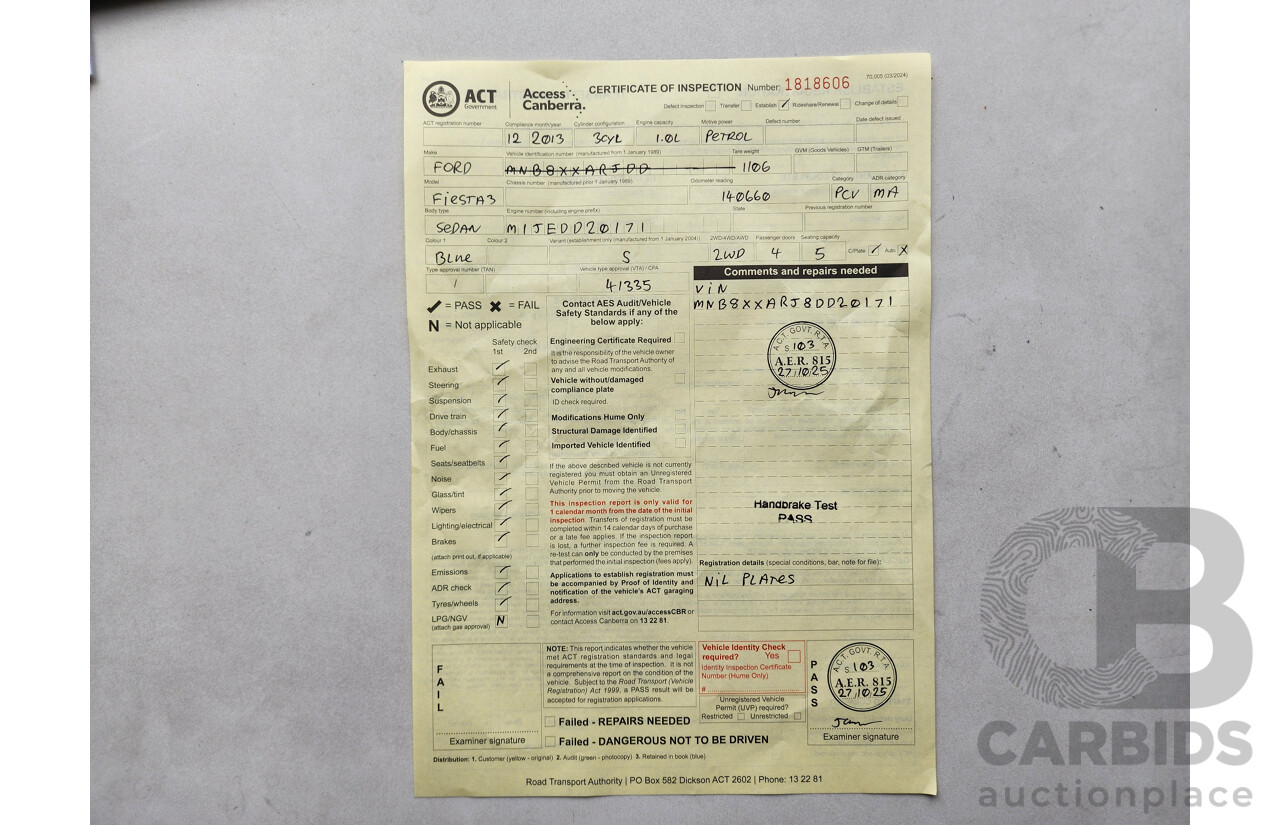 12/2013 Ford Fiesta Sport WZ 5d Hatchback Blue 1.0L