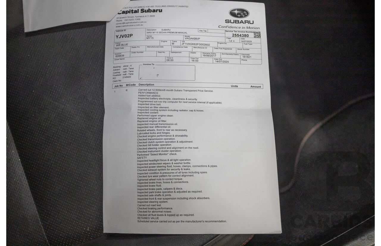 4/2014 Subaru WRX Premium (AWD) MY15 4D Sedan Lapis Blue Turbo 2.0L