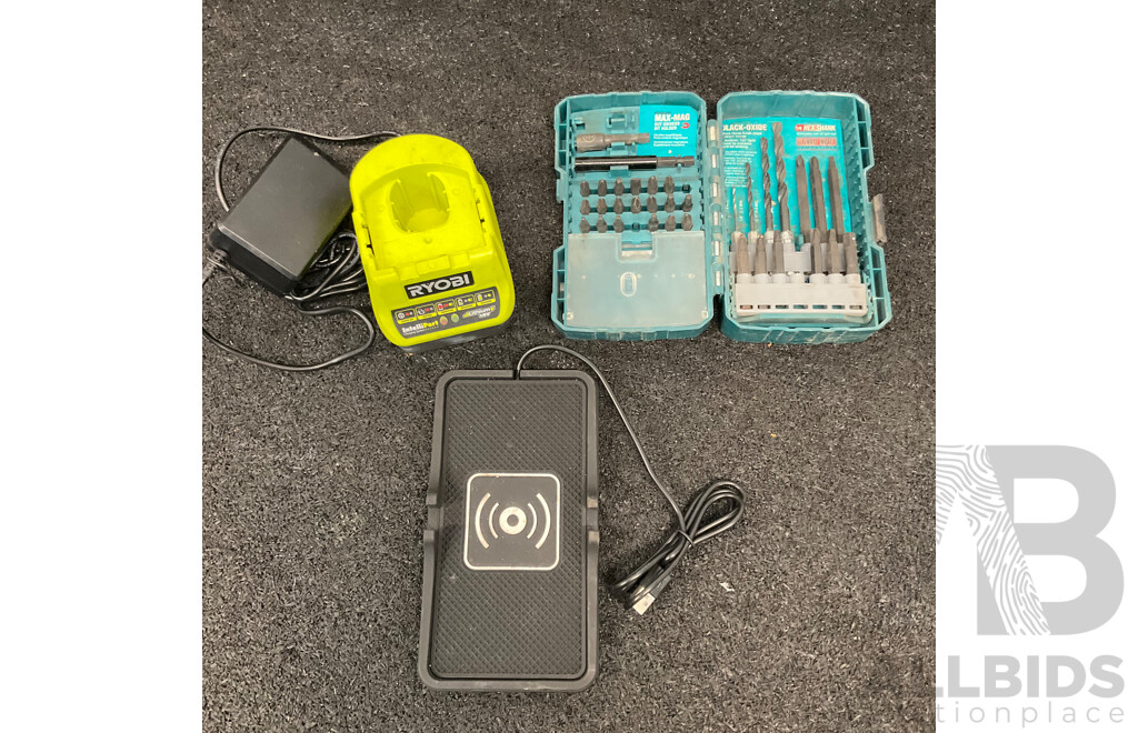 RYOBI ONE+ Battery Charger, MAKITA Screwdriver Bit & Drill Set and Wireless Car Charge Pad  - Lot of 3