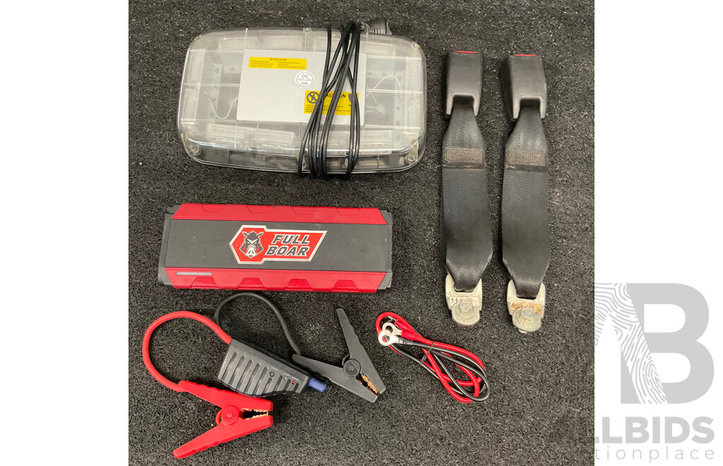 LED Roof Recovery Warning Light,  Full Boar Jump Starter Power Bank and Pair of Vehicle Seat Belt Buckle Stalks  - Lot of 3