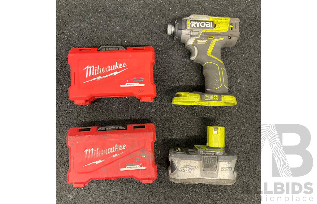 RYOBI 18V Impact Driver (R18IDBL) with 5.0Ah Battery and MILWAUKEE Bit Sets  - Lot of 4