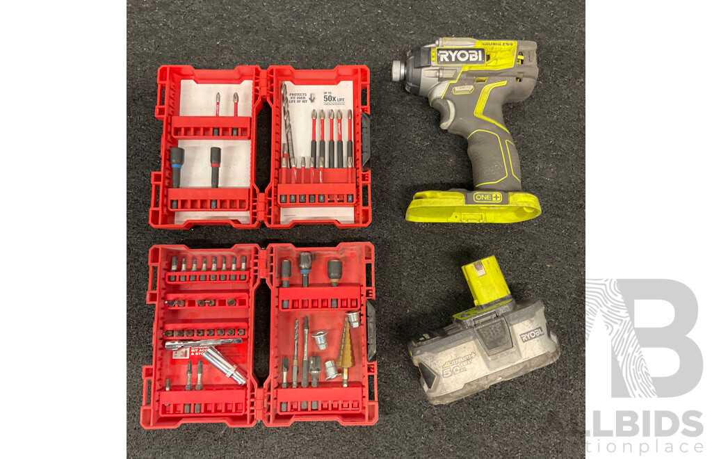 RYOBI 18V Impact Driver (R18IDBL) with 5.0Ah Battery and MILWAUKEE Bit Sets  - Lot of 4