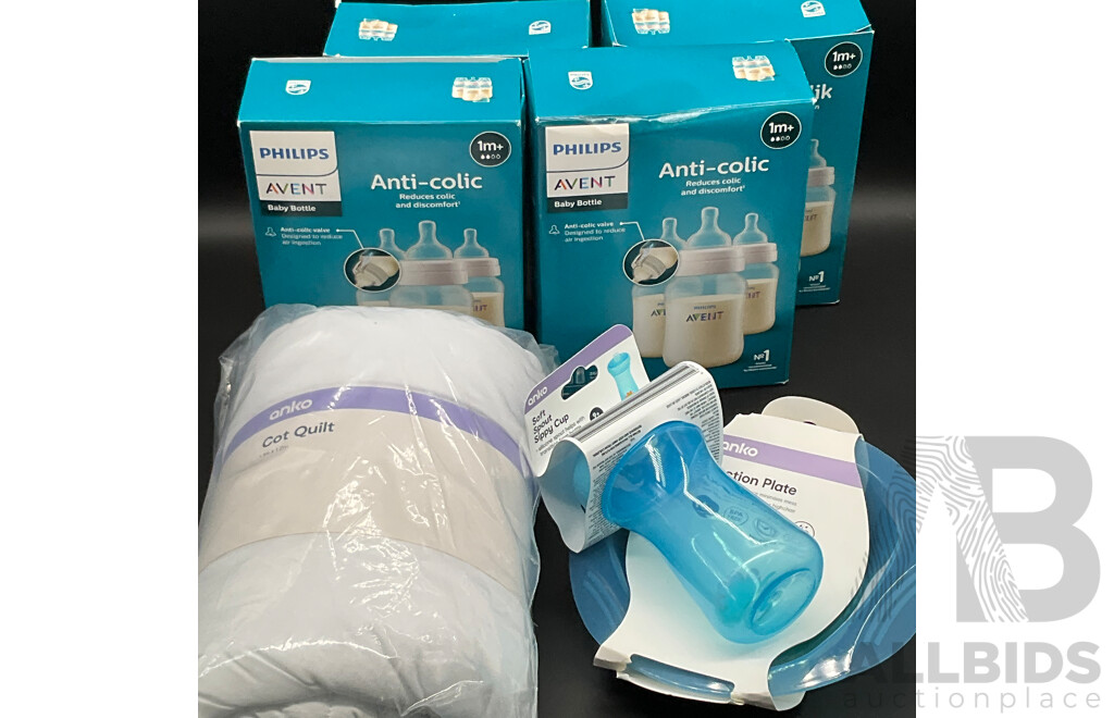 PHILIPS Avent Anti-Colic Feeding Bottle 3 Pack (4x), ANKO Quilt, Cup and Plate - Lot of 7