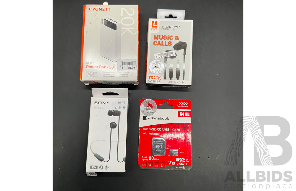 CYGNETT Power Bank, SONY and LIQUID EARS Earbuds and DYNABOOK 64GB Micro SDXC Card - Lot of 4