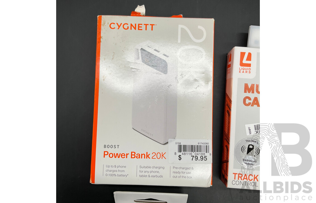CYGNETT Power Bank, SONY and LIQUID EARS Earbuds and DYNABOOK 64GB Micro SDXC Card - Lot of 4