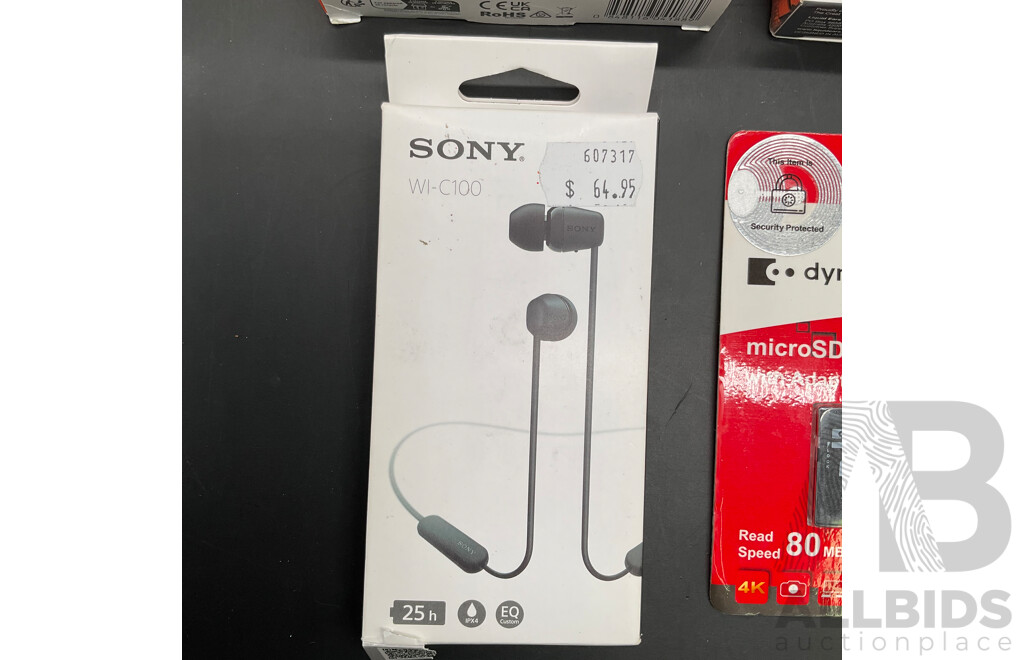 CYGNETT Power Bank, SONY and LIQUID EARS Earbuds and DYNABOOK 64GB Micro SDXC Card - Lot of 4