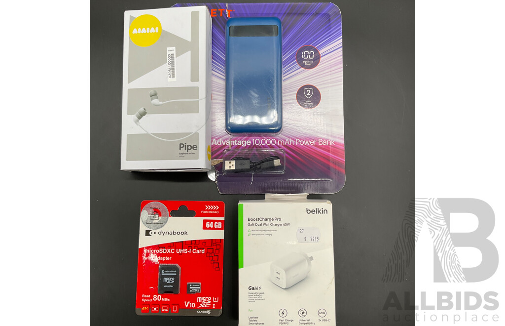 CYGNETT Power Bank, AIAIAI Pipe Earbuds, BELKIN Wall Charger and DYNABOOK 64GB Micro SDXC Card - Lot of 4