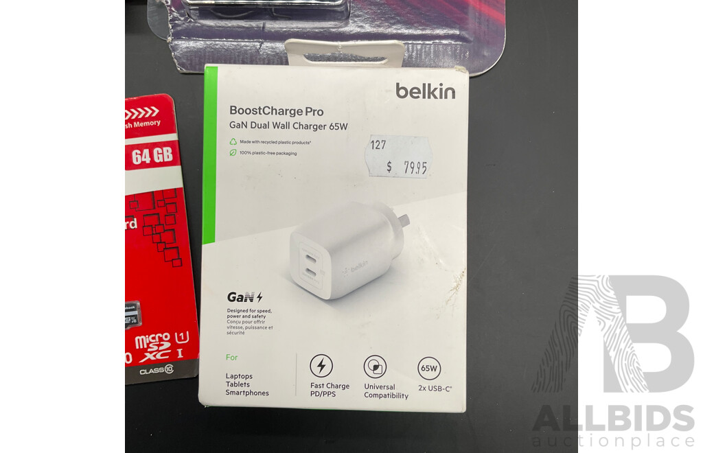 CYGNETT Power Bank, AIAIAI Pipe Earbuds, BELKIN Wall Charger and DYNABOOK 64GB Micro SDXC Card - Lot of 4