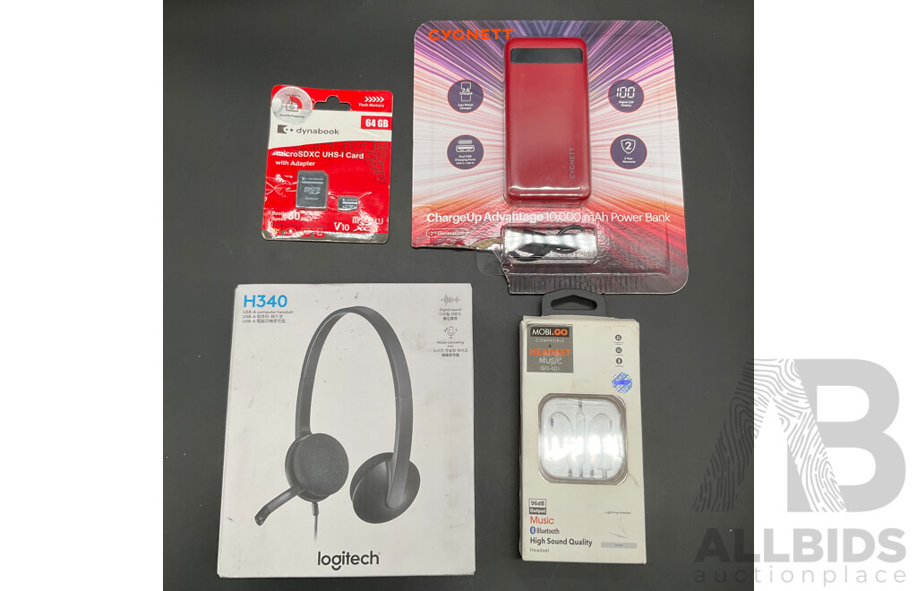 CYGNETT Power Bank, Mobi.Go Earbuds, LOGITECH H340 Headset and DYNABOOK 64GB Micro SDXC Card - Lot of 4