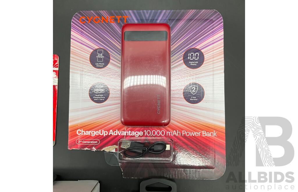 CYGNETT Power Bank, Mobi.Go Earbuds, LOGITECH H340 Headset and DYNABOOK 64GB Micro SDXC Card - Lot of 4