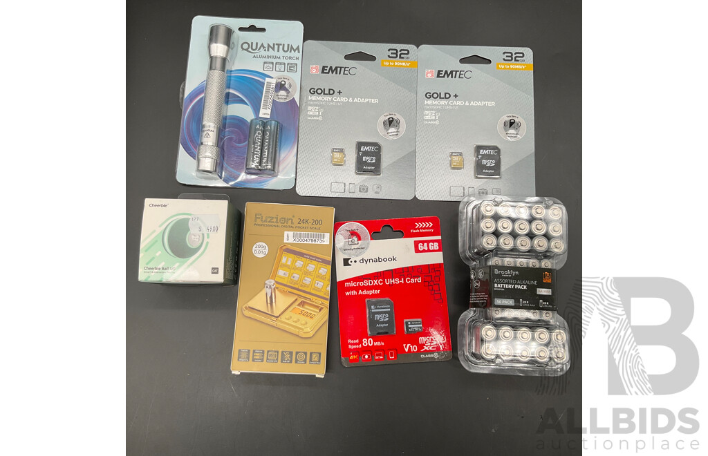 QUANTUM Torch, CHEERBLE Pet Toy, FUZION Pocket Scale, DYNABOOK 64GB Micro SDXC Card, EMTEC 32GB Card (2x) and Assorted Alkaline Battery Pack  - Lot of 7