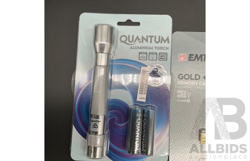 QUANTUM Torch, CHEERBLE Pet Toy, FUZION Pocket Scale, DYNABOOK 64GB Micro SDXC Card, EMTEC 32GB Card (2x) and Assorted Alkaline Battery Pack  - Lot of 7