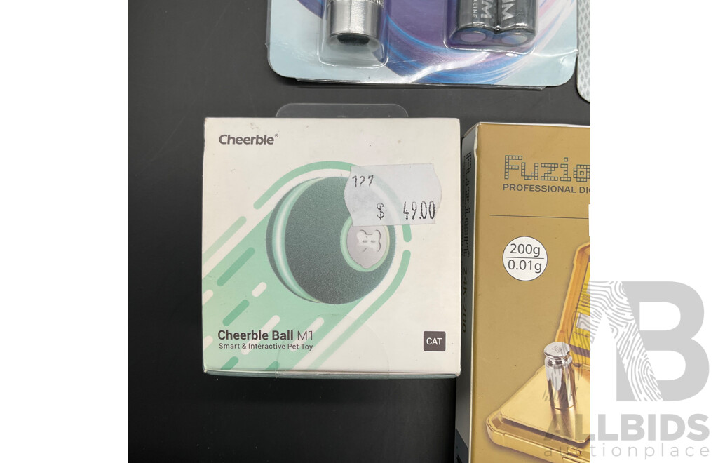 QUANTUM Torch, CHEERBLE Pet Toy, FUZION Pocket Scale, DYNABOOK 64GB Micro SDXC Card, EMTEC 32GB Card (2x) and Assorted Alkaline Battery Pack  - Lot of 7