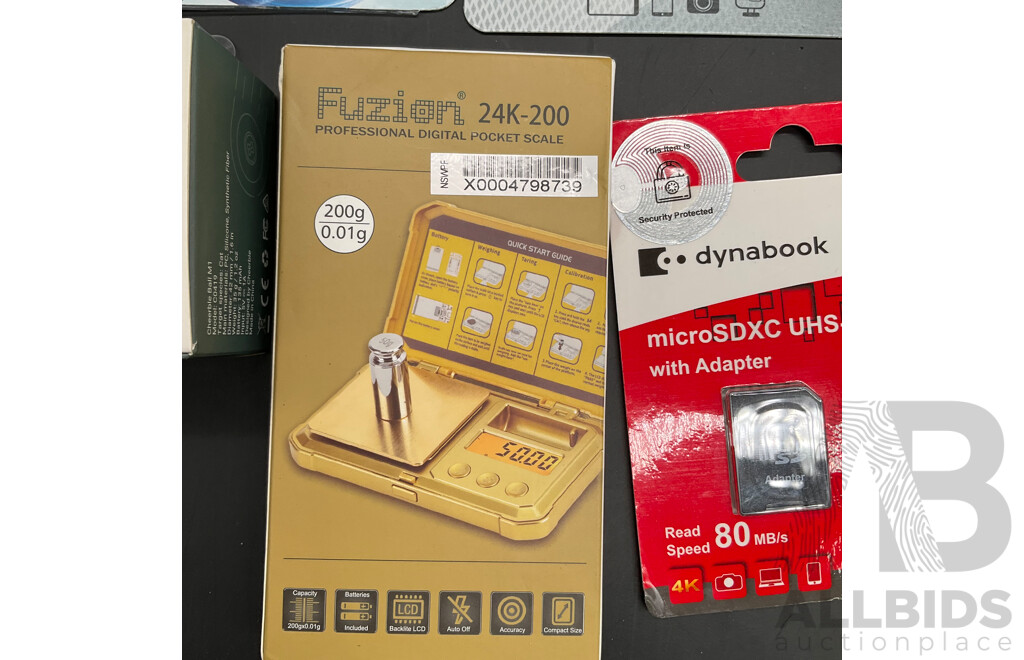 QUANTUM Torch, CHEERBLE Pet Toy, FUZION Pocket Scale, DYNABOOK 64GB Micro SDXC Card, EMTEC 32GB Card (2x) and Assorted Alkaline Battery Pack  - Lot of 7