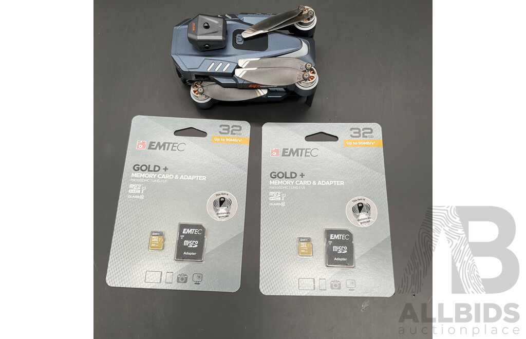 GT8 Series Foldable Drone and Two EMTEC Gold+ 32GB Memory Cards - Lot of 3