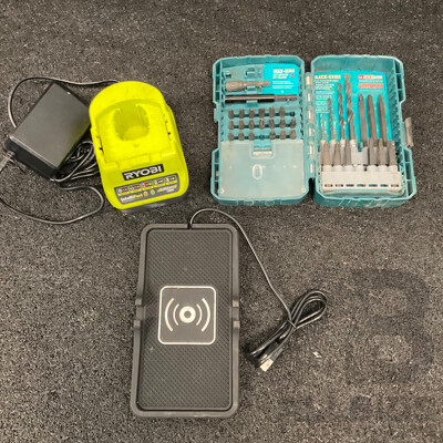 RYOBI ONE+ Battery Charger, MAKITA Screwdriver Bit & Drill Set and Wireless Car Charge Pad  - Lot of 3
