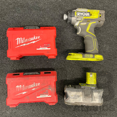 RYOBI 18V Impact Driver (R18IDBL) with 5.0Ah Battery and MILWAUKEE Bit Sets  - Lot of 4