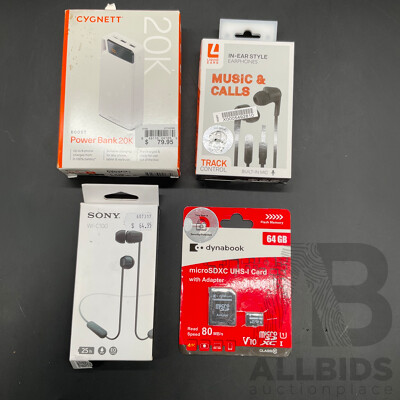 CYGNETT Power Bank, SONY and LIQUID EARS Earbuds and DYNABOOK 64GB Micro SDXC Card - Lot of 4
