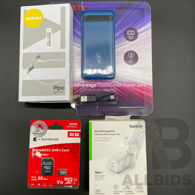 CYGNETT Power Bank, AIAIAI Pipe Earbuds, BELKIN Wall Charger and DYNABOOK 64GB Micro SDXC Card - Lot of 4