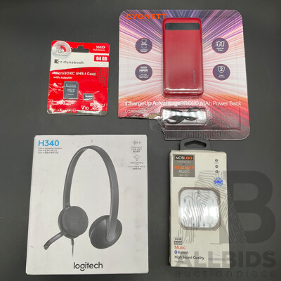 CYGNETT Power Bank, Mobi.Go Earbuds, LOGITECH H340 Headset and DYNABOOK 64GB Micro SDXC Card - Lot of 4