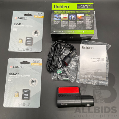 UNIDEN IGo Dash Cam 445 and EMTEC 32GB Card (2x)  - Lot of 3
