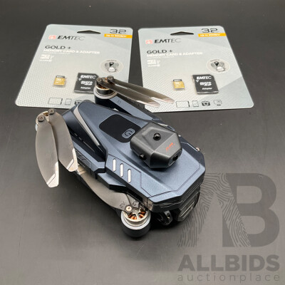 GT8 Series Foldable Drone and Two EMTEC Gold+ 32GB Memory Cards - Lot of 3