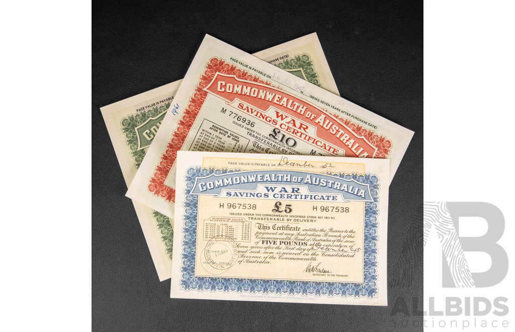 Three Commonwealth of Australia War Savings Certificates, Ten, Five and One Pounds