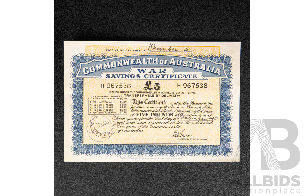 Three Commonwealth of Australia War Savings Certificates, Ten, Five and One Pounds