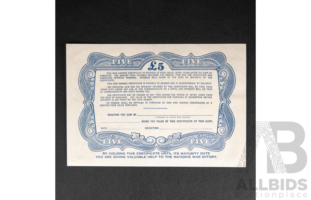 Three Commonwealth of Australia War Savings Certificates, Ten, Five and One Pounds