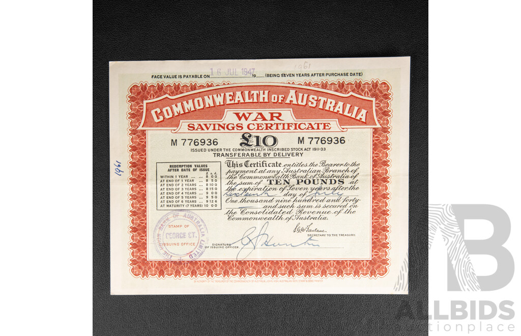 Three Commonwealth of Australia War Savings Certificates, Ten, Five and One Pounds