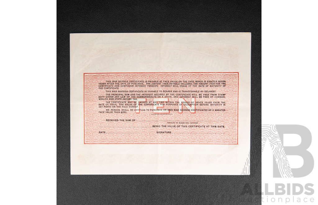 Three Commonwealth of Australia War Savings Certificates, Ten, Five and One Pounds