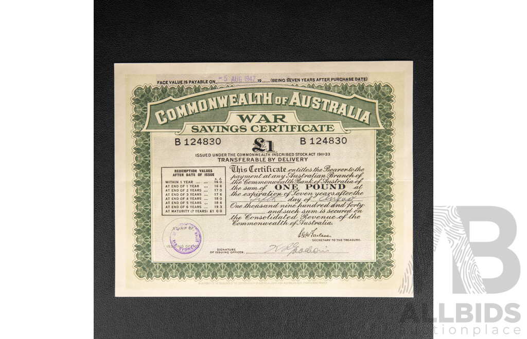 Three Commonwealth of Australia War Savings Certificates, Ten, Five and One Pounds