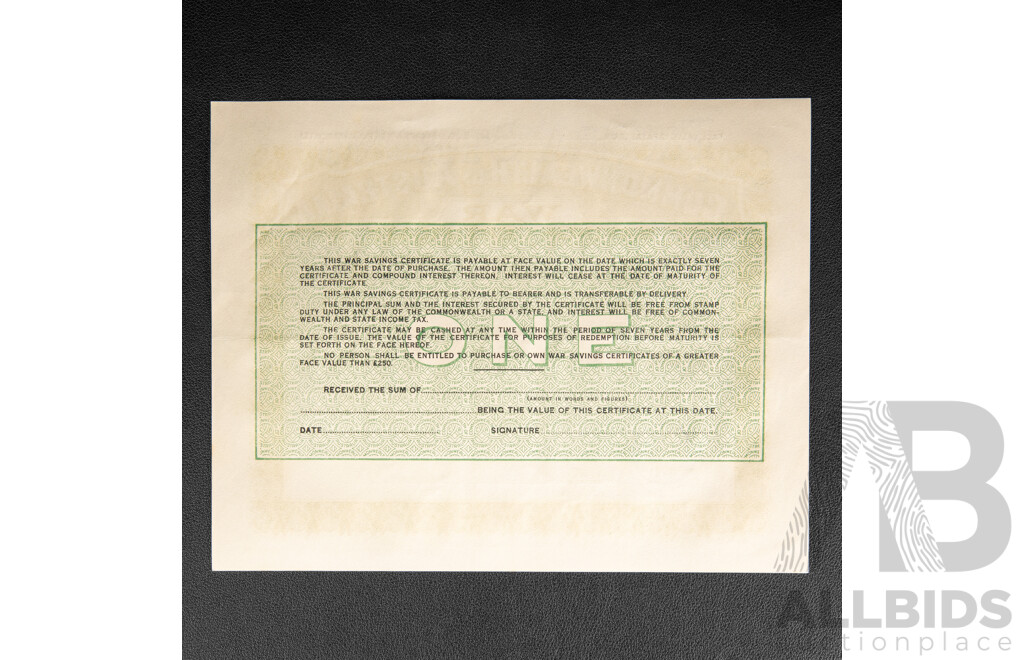 Three Commonwealth of Australia War Savings Certificates, Ten, Five and One Pounds